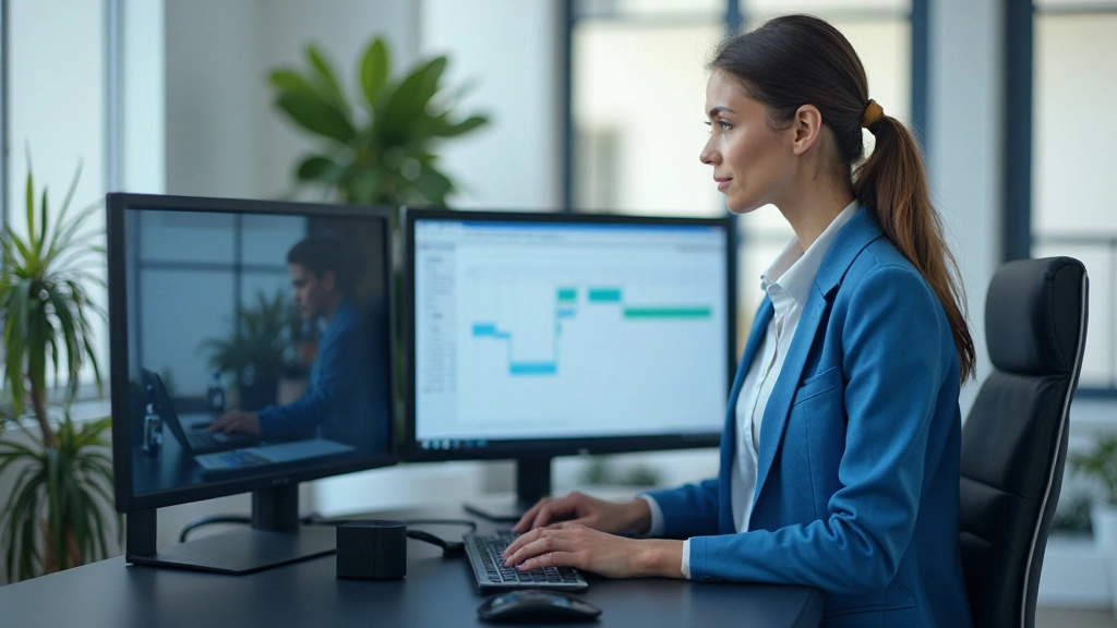 Менеджер проекта анализирует прогресс задач на монониторе в офисе
