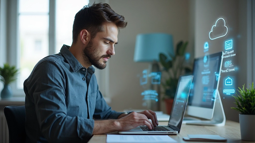 Профессиональное фото человека, использующего облачное хранилище на ноутбуке